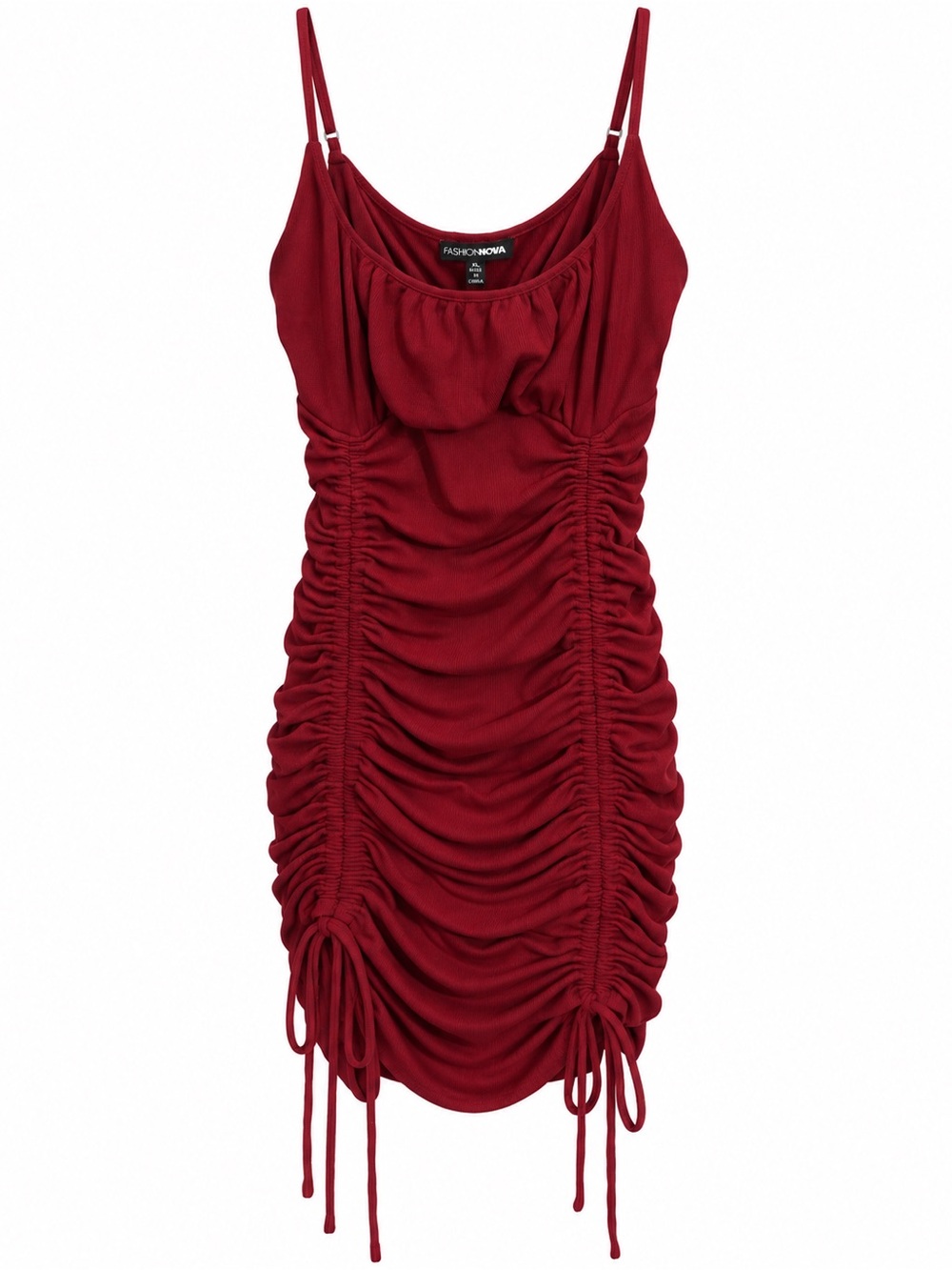 Fashion Nova XL Burgundy Ruched Bodycon Mini Dress Adjustable Drawstring Cami Y2